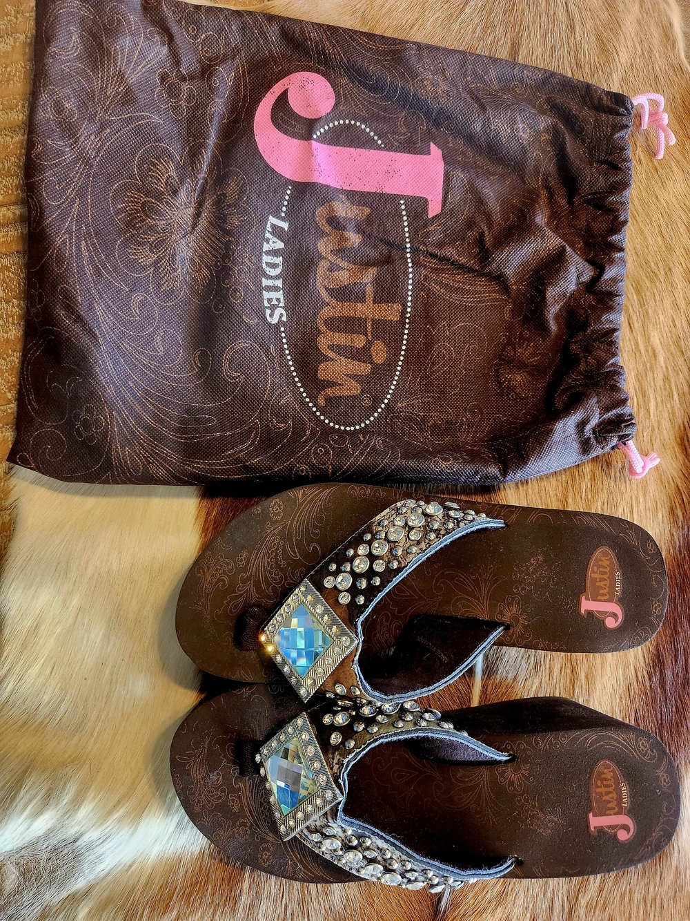 Justin Boots Brown Jeweled Women's Thong Sandals